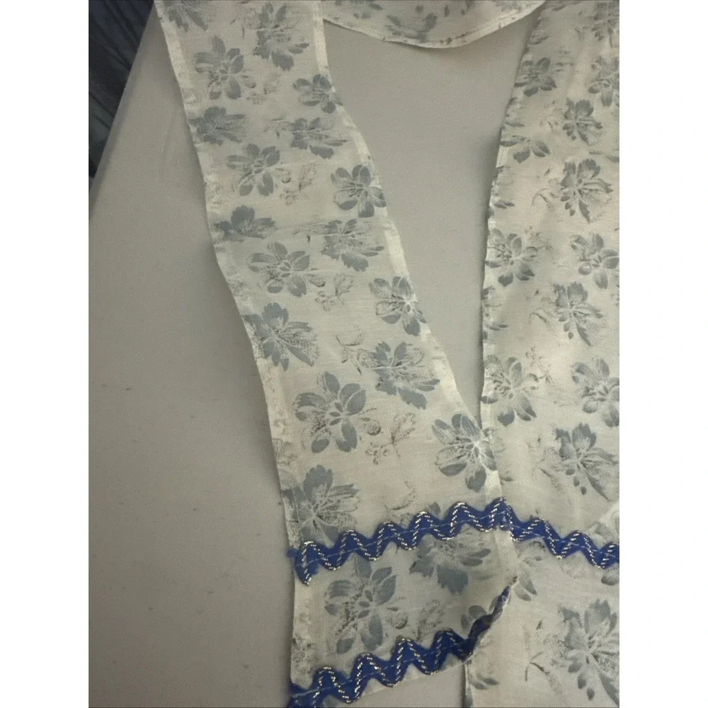 Handmade White Linen Apron Blue Floral‎ Embroidery Adjustable Tie Waist